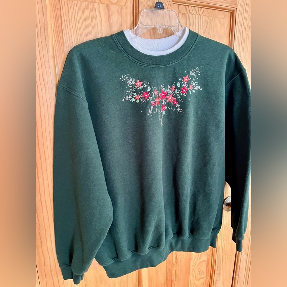 VTG Morning Sun Embroidered Poinsettia Sweatshirt Green Mock Neck Grandma 2XL